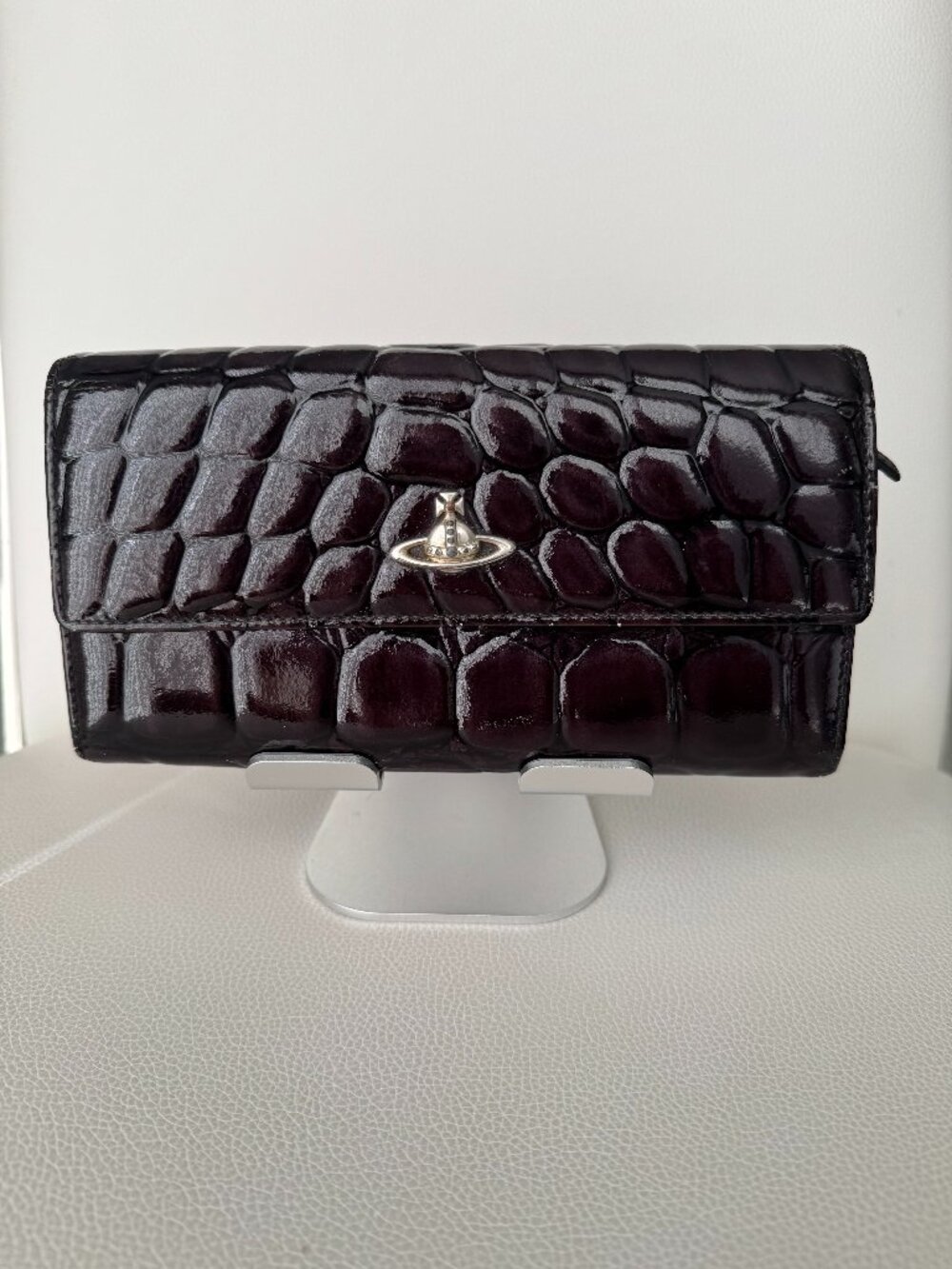 Vivienne Westwood Croc Embossed Patent Leather Flap Wallet Silver Orb